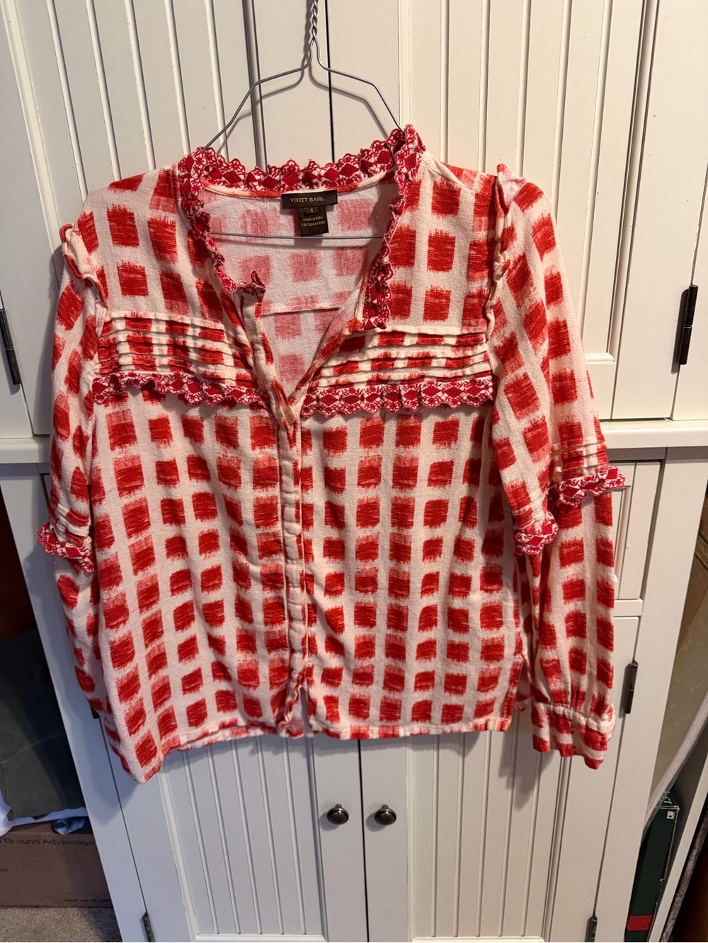 Textured Red & White Ruffle Button-Down Blouse